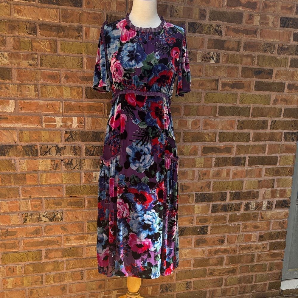 Johnny Was Jade Floral Velvet Midi Dress in Purple S